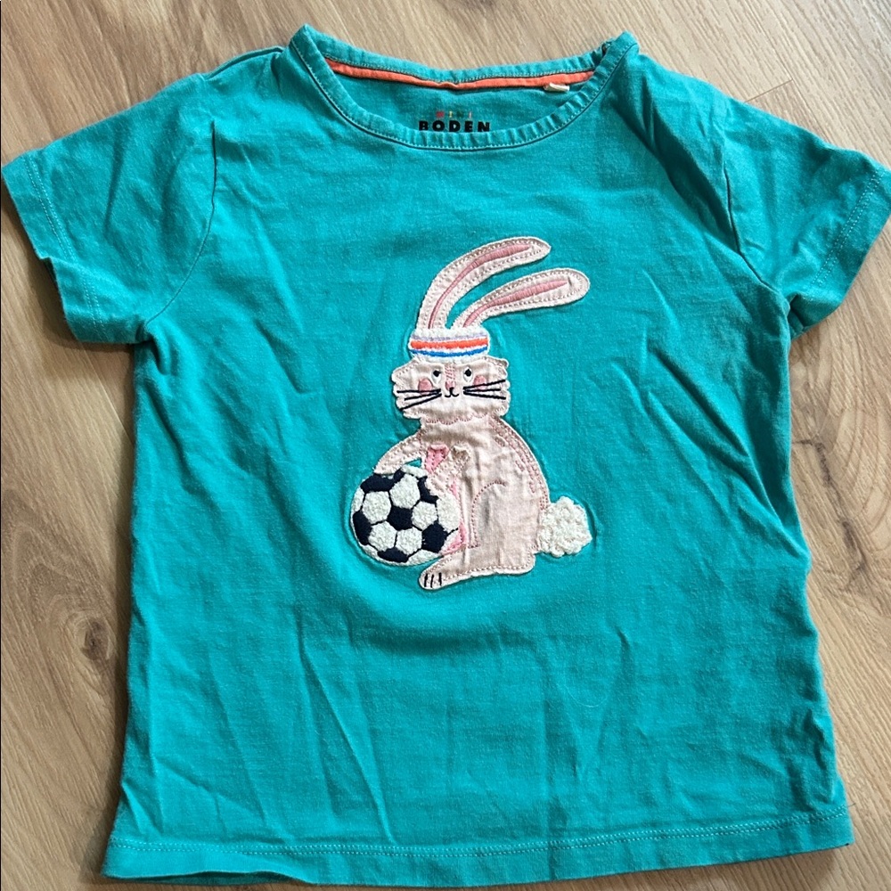 Mini Boden Kids Teal Bunny Soccer T-Shirt